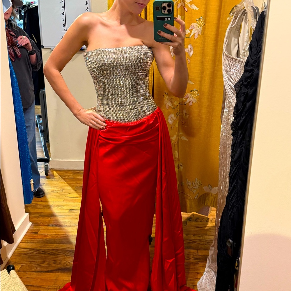 Rosario stunning rhinestone dress with red silk attached skirt NWT